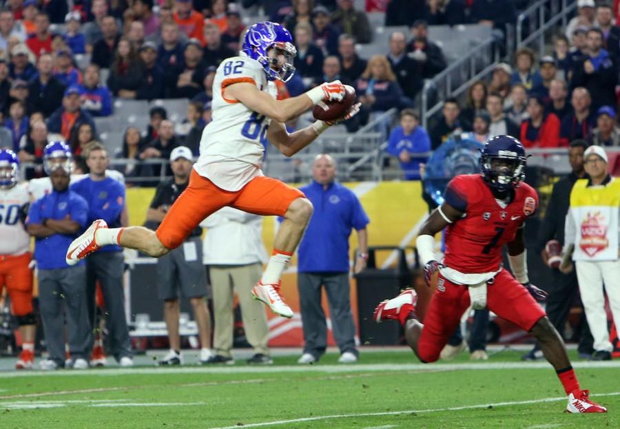 Boise State wide receiver Thomas Sperbeck (82) makes a first-half reception against Arizona in the Vizio Fiesta Bowl at the University of Phoenix stadium on Wednesday Dec. 31, 2014.