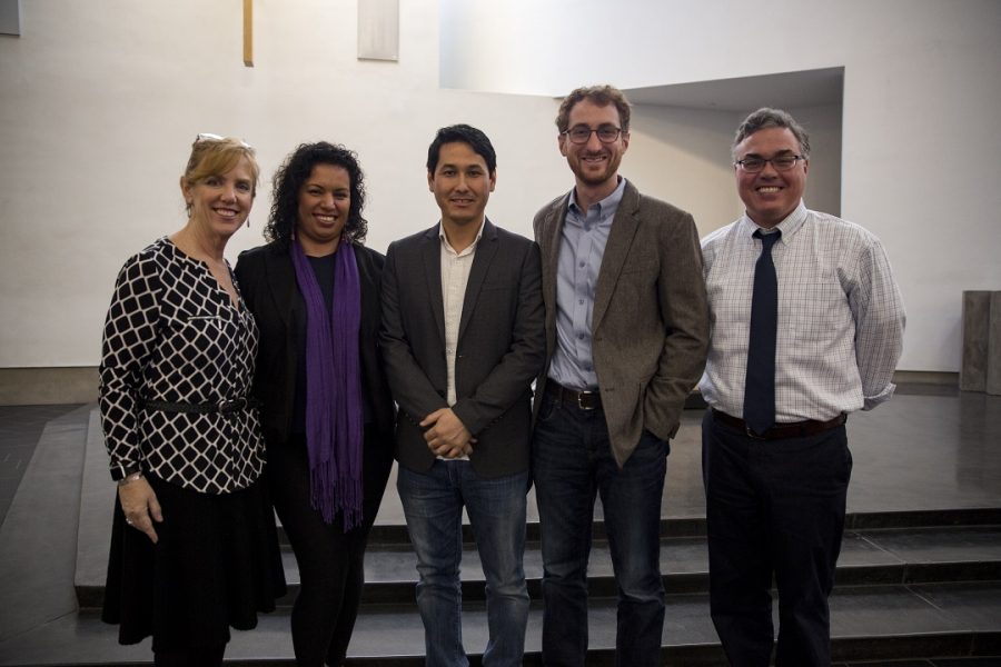 Left to right: Christian Service Director and Campus Minister Ms. Kelly Barnes, DREAMer student Ms. Marisela Hernandez, Afghan  Immigrant Special Visa holder Mr. Jawad Khawari, Immigration Lawyer Mr. Jed Oswald, and Assistant Principle Mr. Tim Caslin.