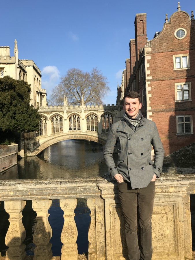 Greg Woollgar 13 stands in front of the Bridge of Sighs at St Johns College in Cambridge University