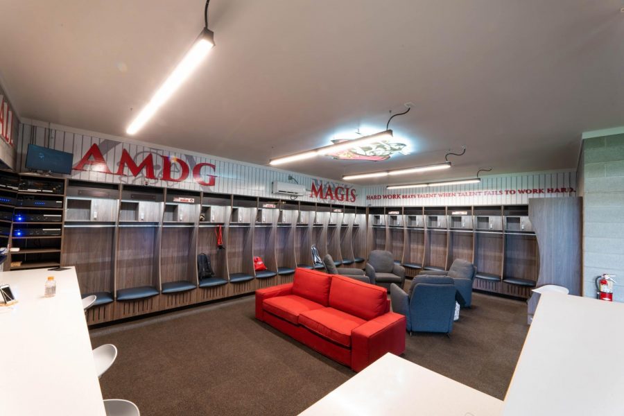 The players locker room in Jesuits new baseball clubhouse.