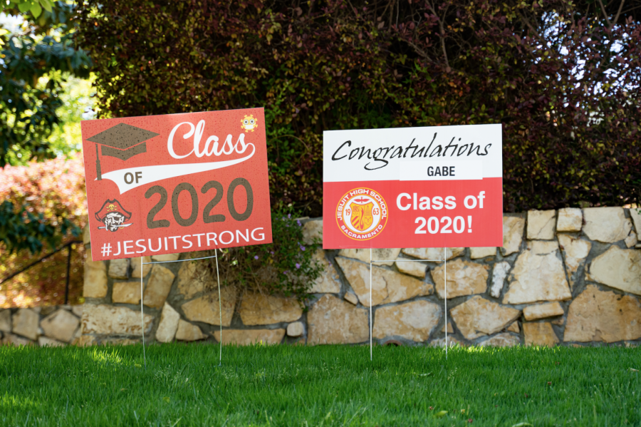 Members of the faculty and staff at Jesuit High School in Sacramento distributed personalized lawn signs to seniors on Thursday, April 30, 2020. The sign pictured belongs to Gabe Neumann 20, who will be  attending the University of Arizona where he will have a managerial position on the baseball team. 