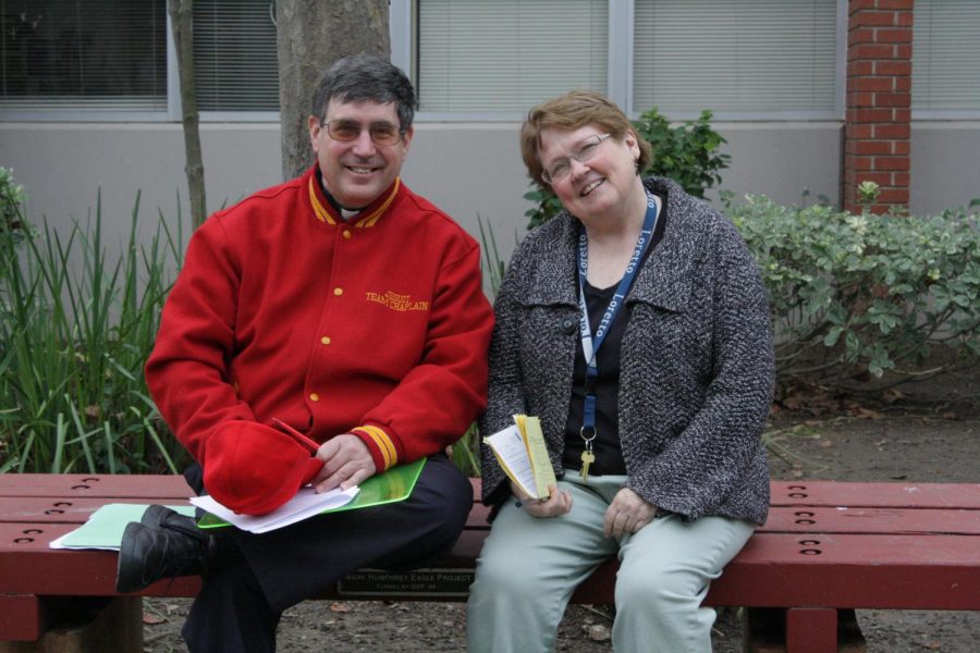 Ms. Maureen Pryor, right, with Fr. Kevin Leidich, S.J. in grace court.