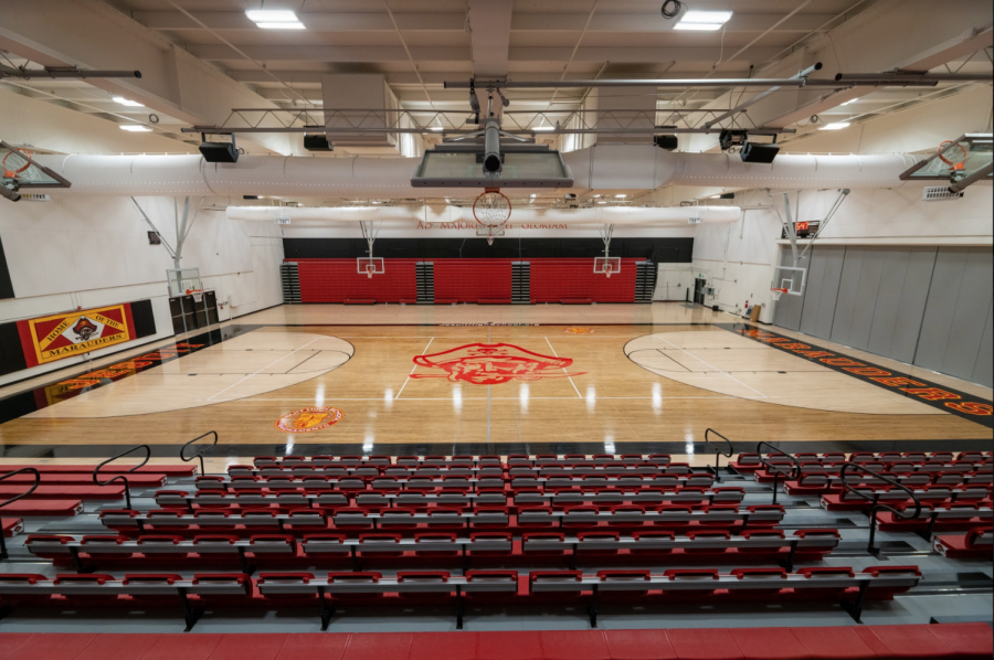 The final phase of the $2.9 million gym renovation included a revamped court paint scheme, new interior paint and graphics, new lights and sound systems, and two sets of new bleachers with seat backs found on the home side. Photo taken on Tuesday, Sept. 16, 2020, at Jesuit High School in Carmichael, California.
