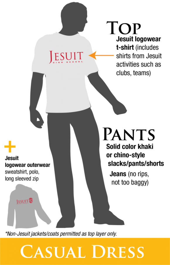 While in distance learning, Jesuit has loosened some of its dress code requirements as students aren’t required to wear Jesuit polo shirts. Students can wear any school authorized apparel which includes Jesuit T-shirts and sweatshirts.
