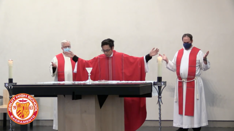 A screenshot from a YouTube livestream of the Feast of the North American Martyrs Mass in the Phelan Chapel of the North American Martyrs at Jesuit High School on Oct. 20, 2020.