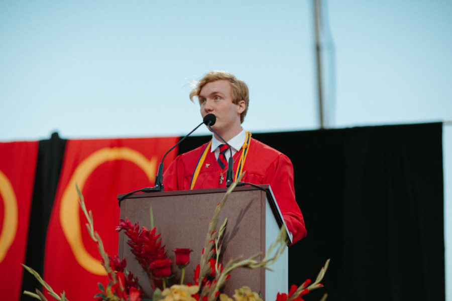 Donovan Jasper 21 gives his Valedictorian Speech during Jesuits graduation at Allworth Financial Stadium on Saturday, May 22, 2021. 