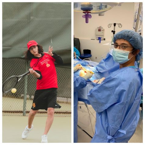 On the left, Alex Chen ’21 practices tennis for the Jesuit varsity tennis team in April of 2021. Photo by Damian Brunton ’21. On the right, Alex helps on a pacemaker transplant surgery at Koreatown Surgical Clinic in July of 2020. Photo courtesy of Alex.